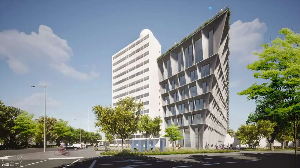 Bürogebäude mit schrägen Ecken und großen Glasfronten