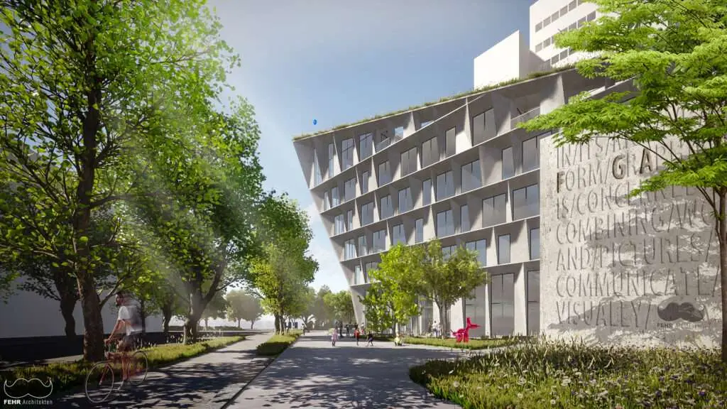 Bäume auf der linken Seite und ein abstraktes Gebäude auf der rechten