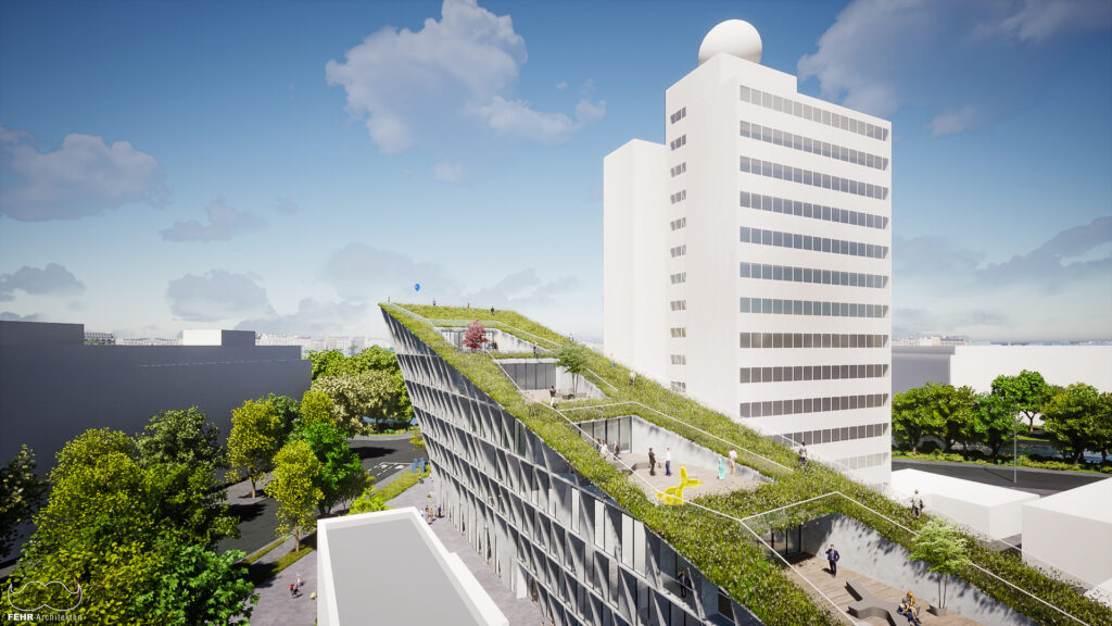 Vogelperspektive eines futuristischen, begrünten Gebäudes