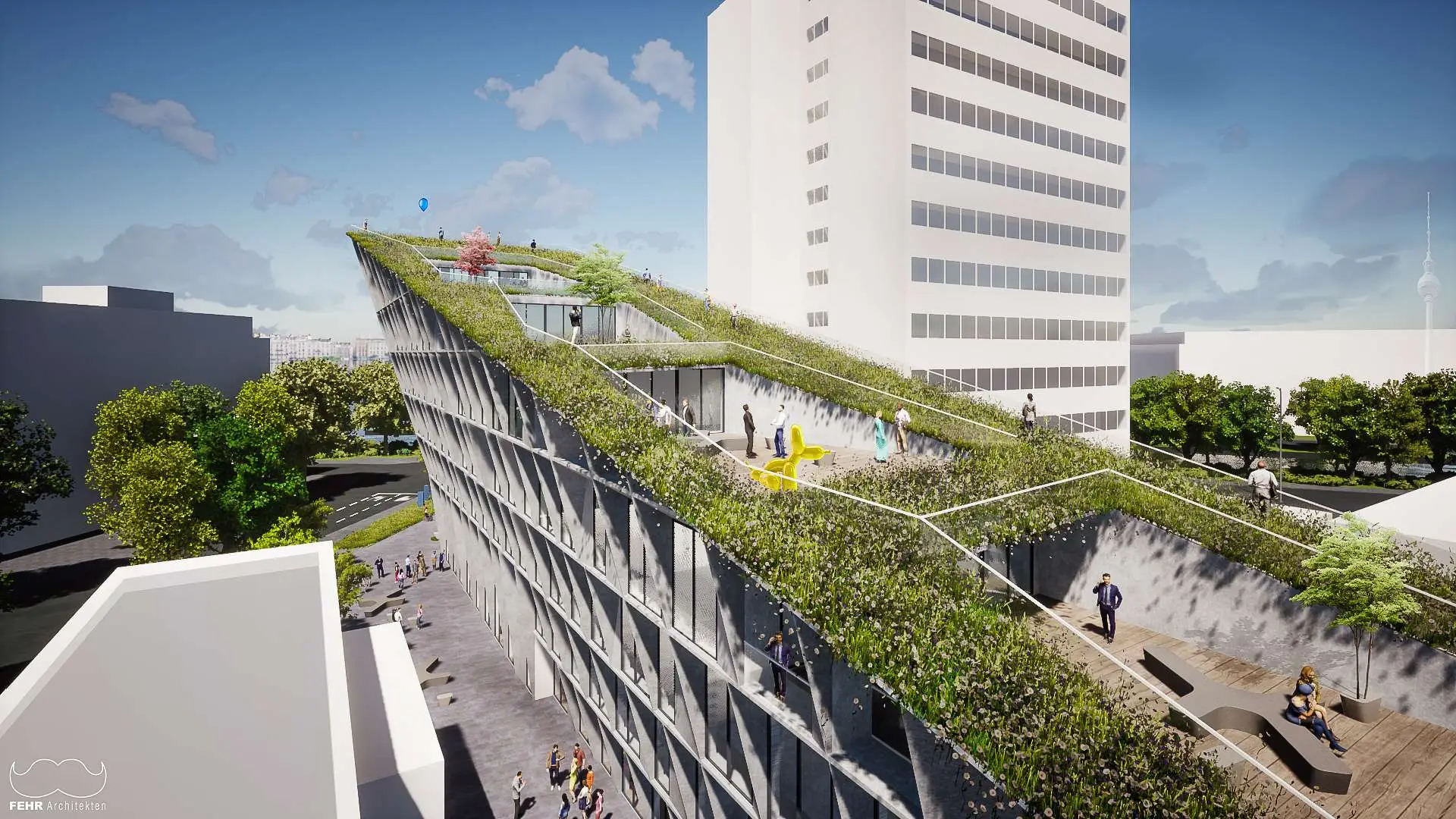 Rendering eines stark begrünten schrägen Daches eines großen Gebäudes