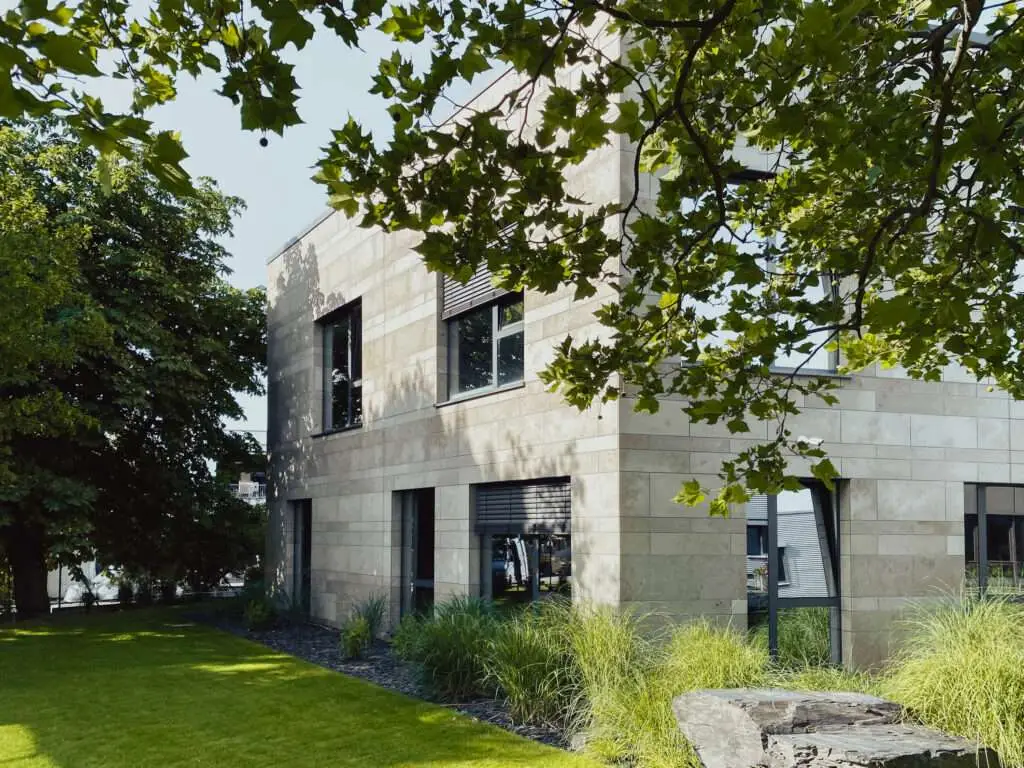 Baum im Vordergrund und modernes Gebäude im Hintergrund