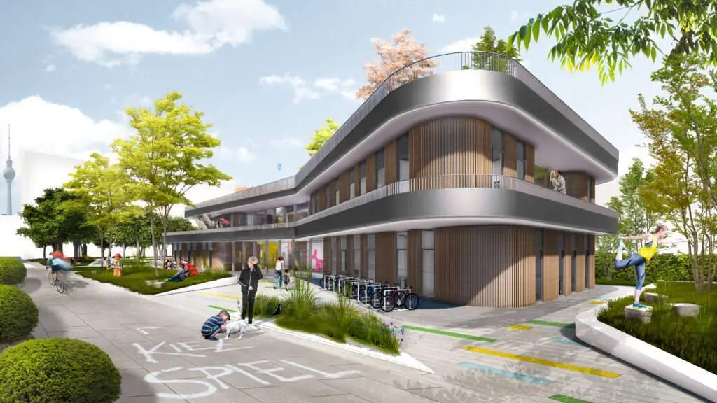 Rendering einer Außenansichteiner geschwungenen Fassade mit Holzleisten verkleidet