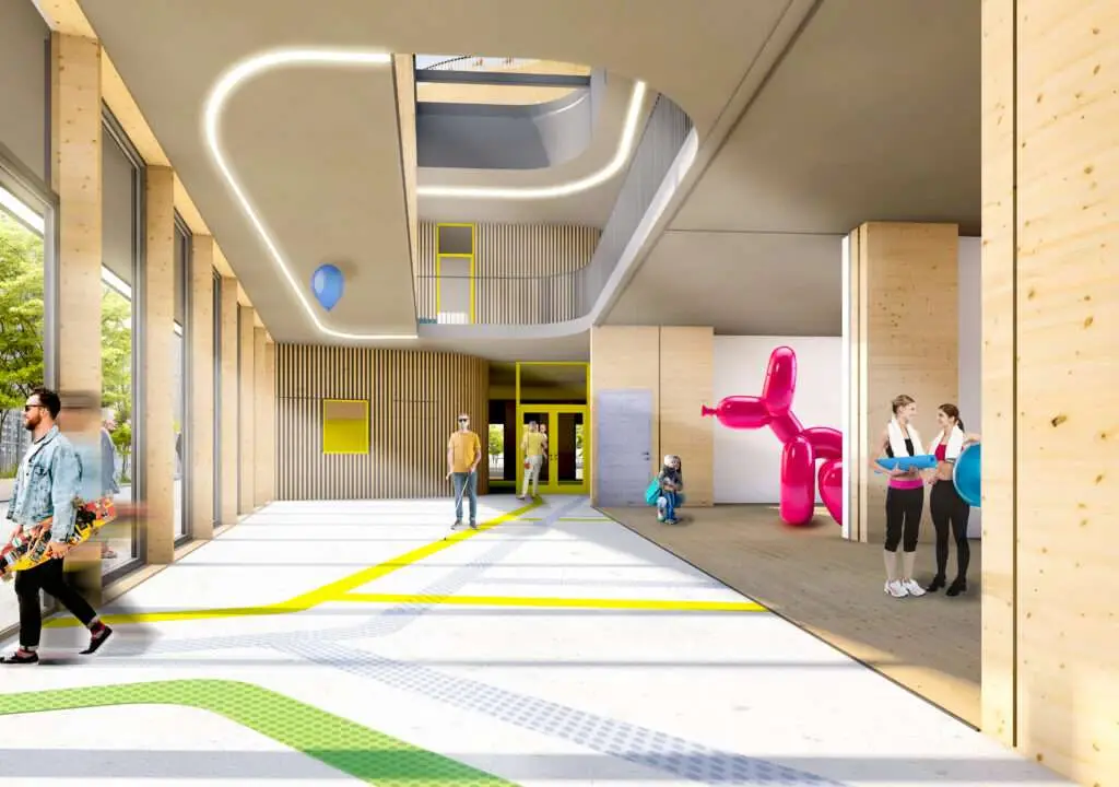 Rendering einer futuristischen Eingangshalle mit viel Holz und LED