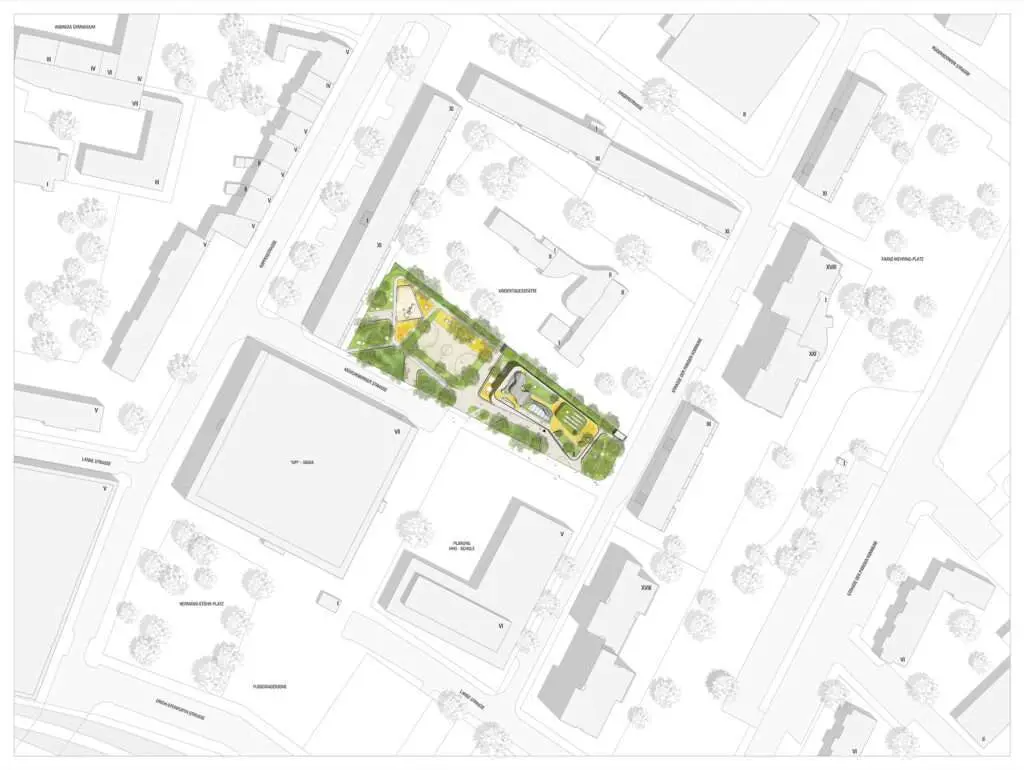 Lageplan mit farbigem Hausprojekt in der Mitte