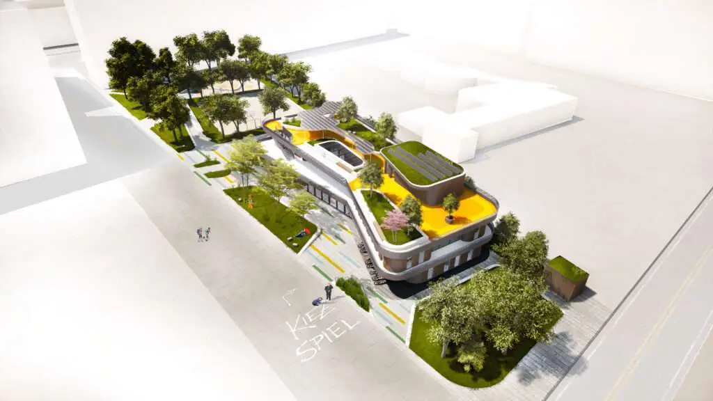 Rendering einer Drohnenansicht vom gesamten Gelände eines modernen Bürogebäudes